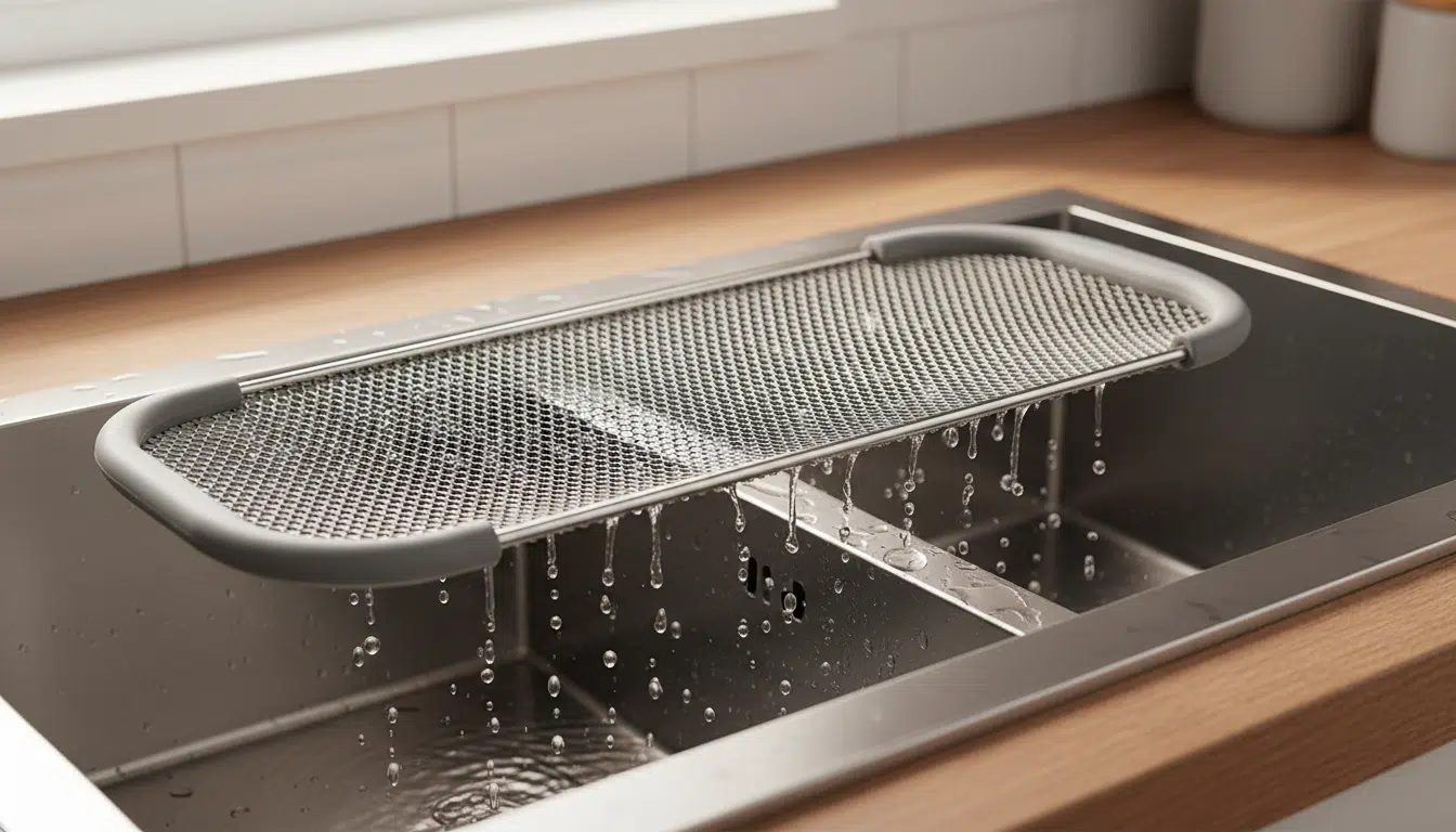 Détail de la grille en inox de l'égouttoir Lidl avec eau qui s'écoule