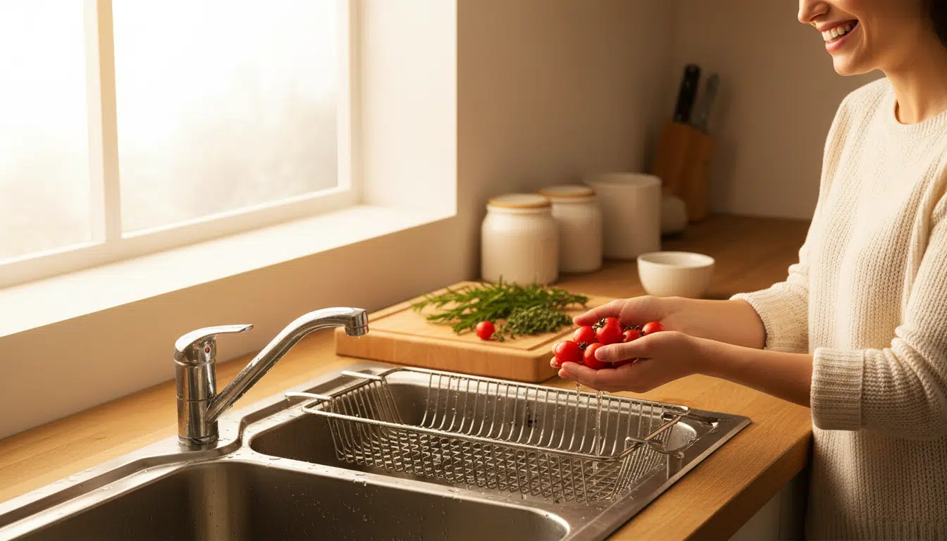 Utilisation de l'égouttoir Lidl pour rincer des tomates cerises