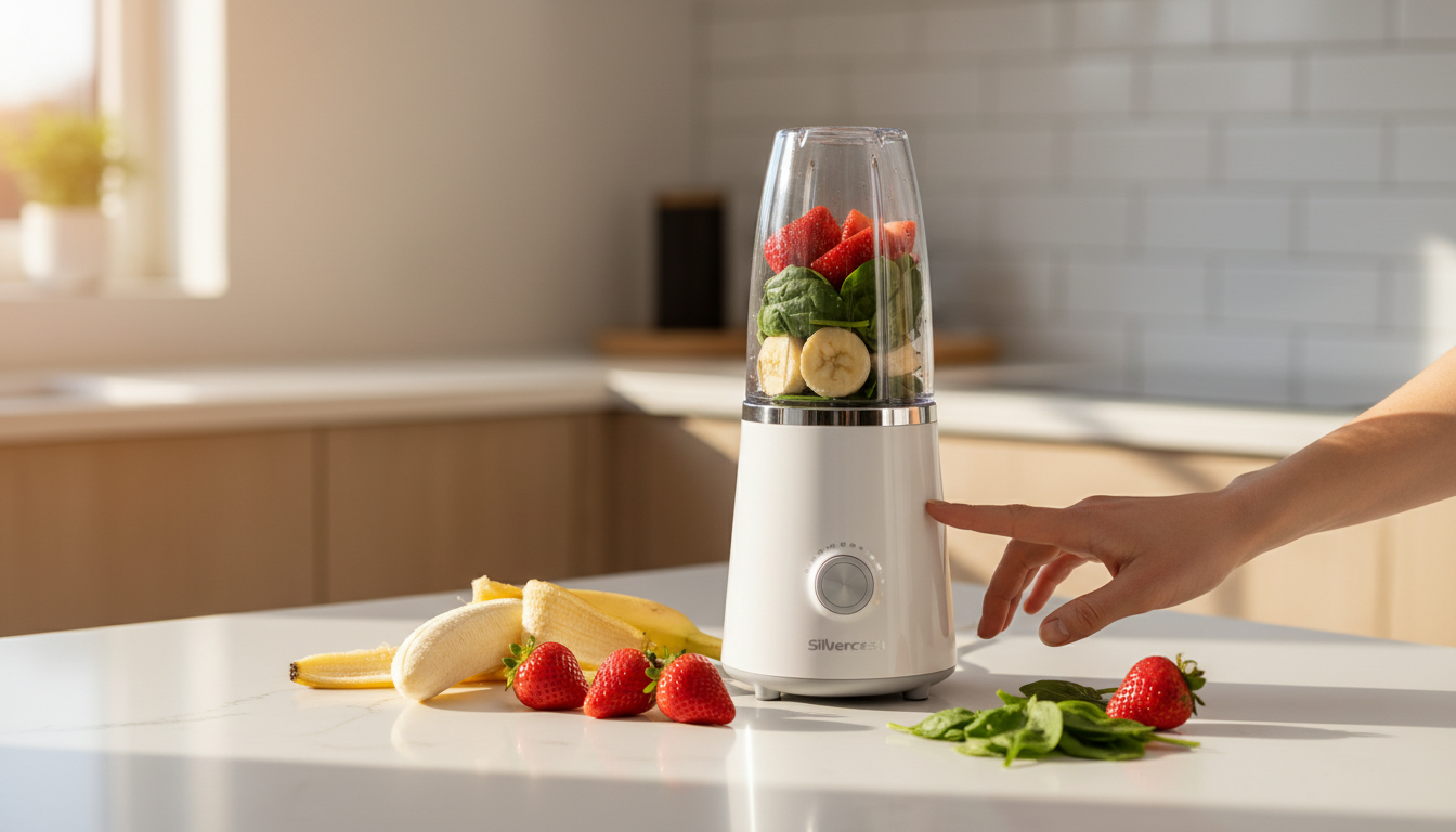 Blender Silvercrest Lidl sur un plan de travail avec fruits frais