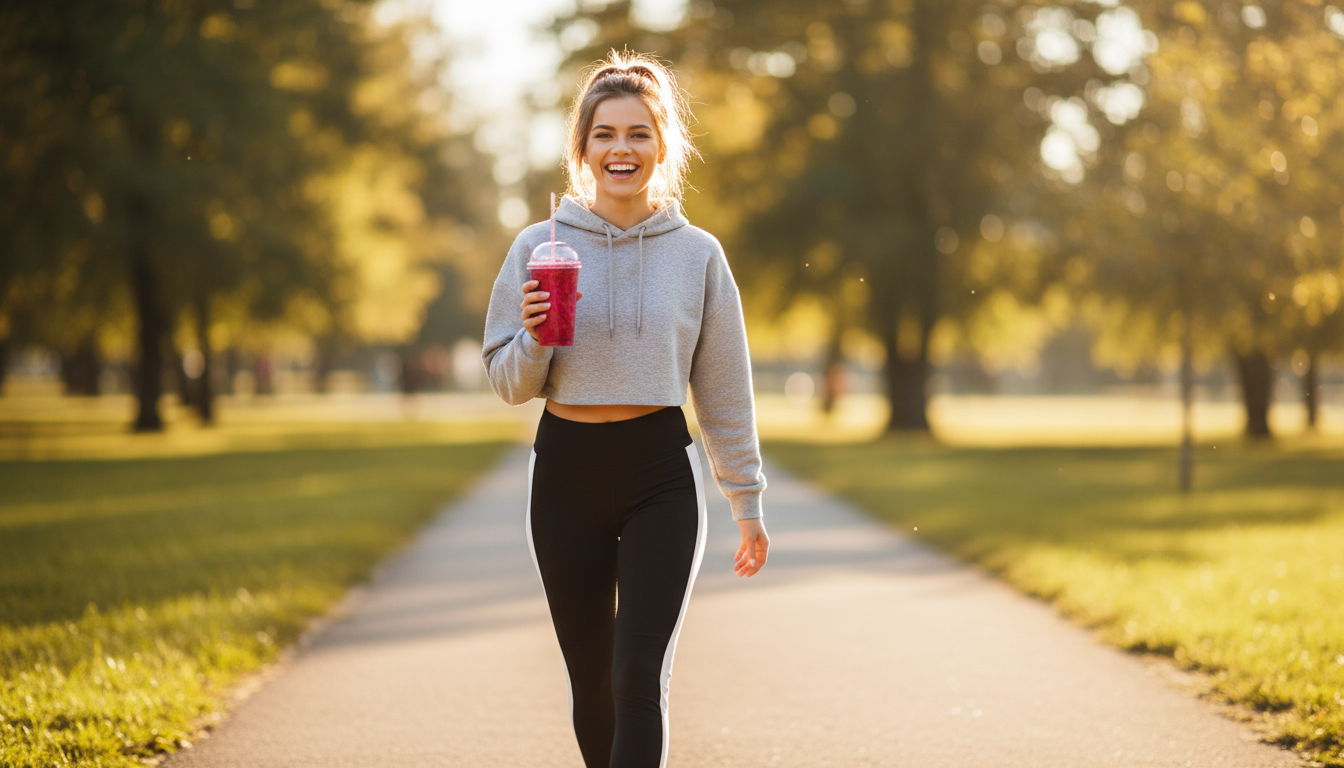 Femme transportant un gobelet de smoothie fait maison