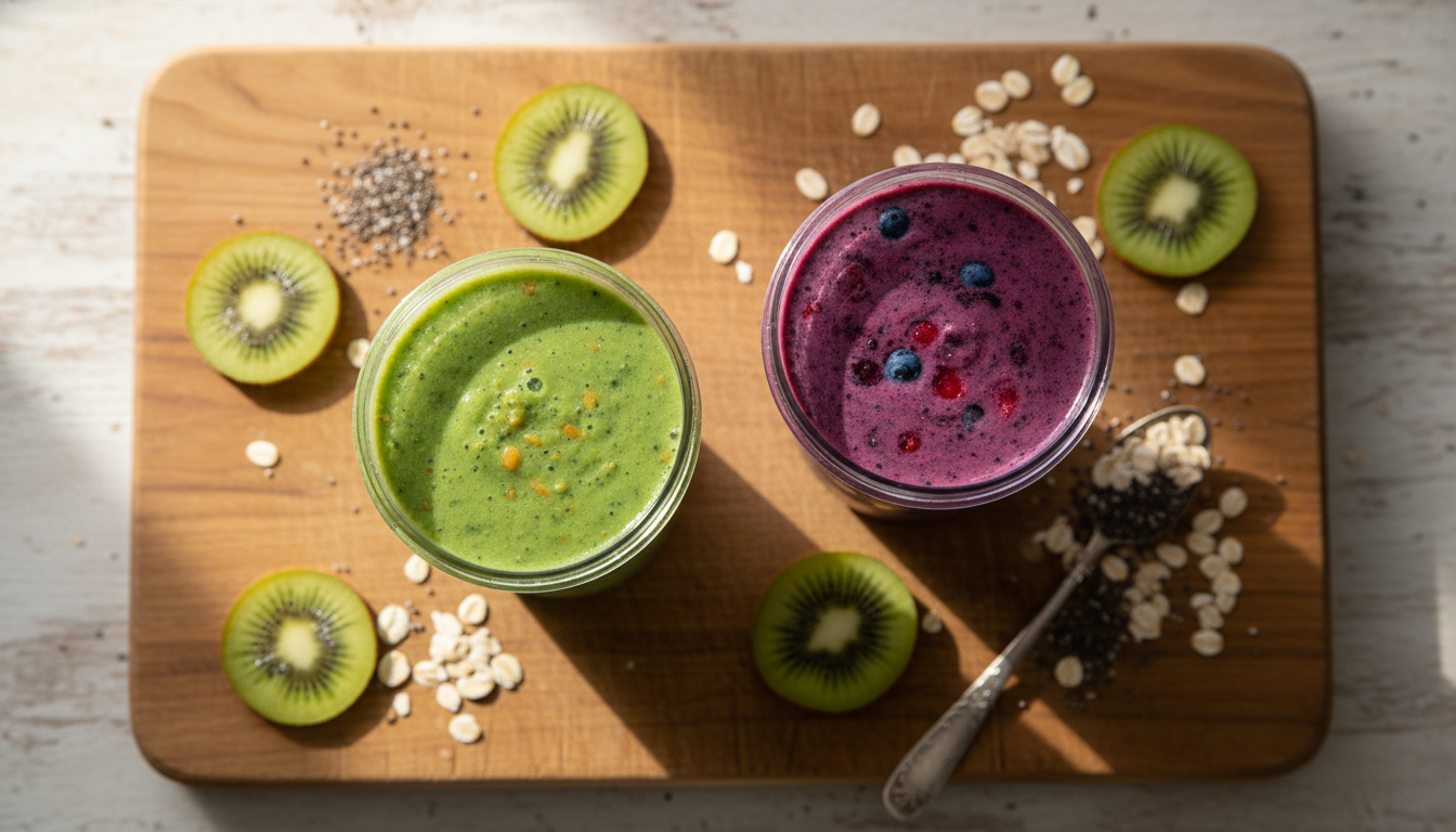 Deux gobelets de smoothies colorés vus du dessus avec fruits et graines