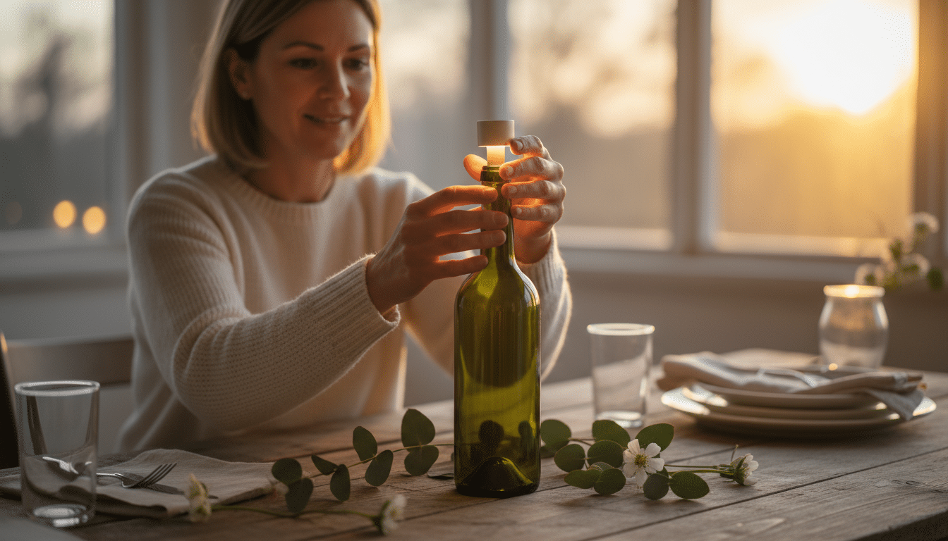 Lampe LED rechargeable posée sur une bouteille de vin