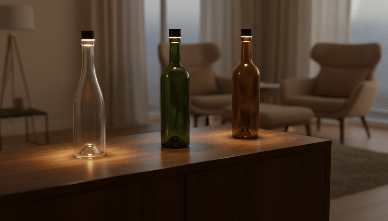 Trois bouteilles colorées avec lampes LED formant chemin lumineux