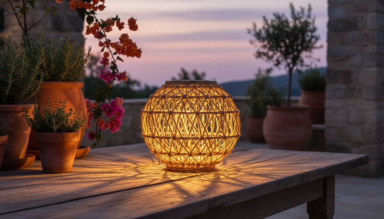 Lanterne solaire tressée Lidl allumée sur une terrasse