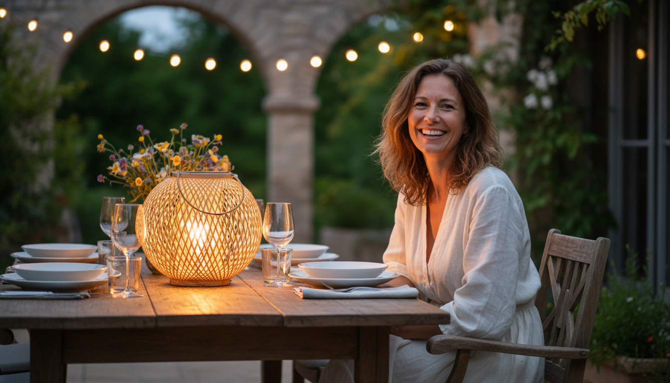Femme profitant d'un dîner éclairé par une lanterne solaire