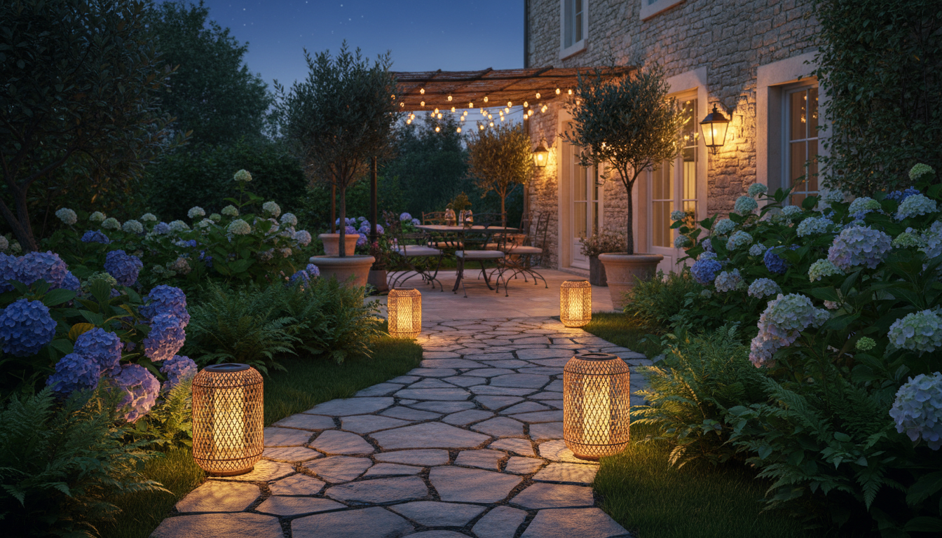 Trois lanternes solaires tressées le long d'une allée de jardin