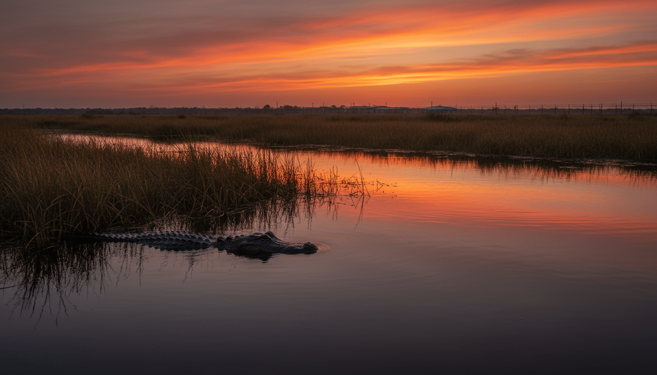 Alligator dans les Everglades en Floride au crépuscule