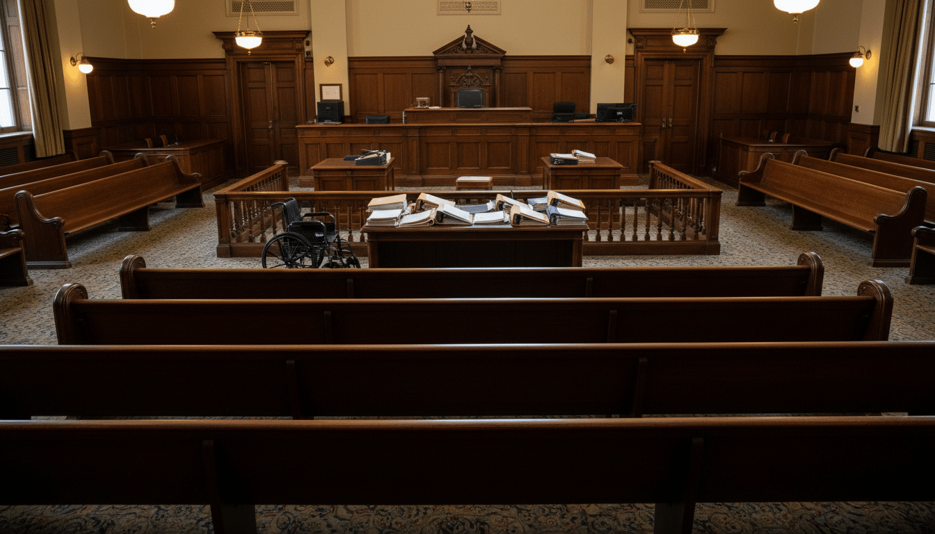 Salle d'audience vide avant le procès de Lindsay Clancy