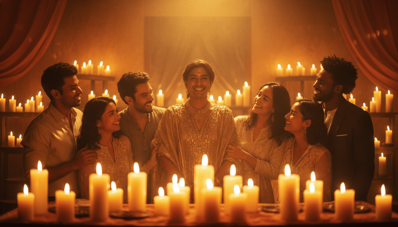 Personne charismatique entourée d'amis admiratifs dans une lumière dorée