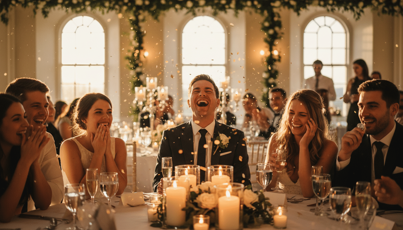 Sagittaire riant à une table de mariage entouré de convives