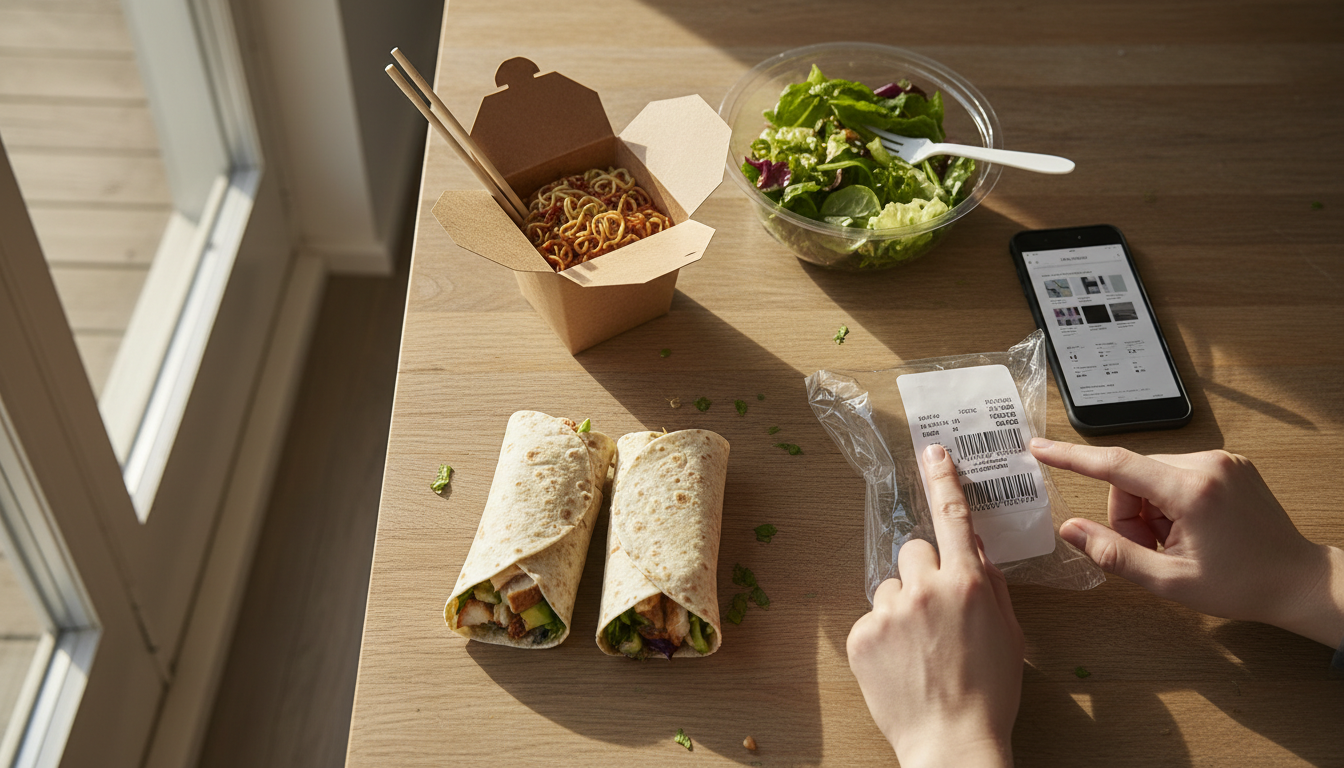 Produits frais rappelés étalés sur une table avec vérification du code-barres