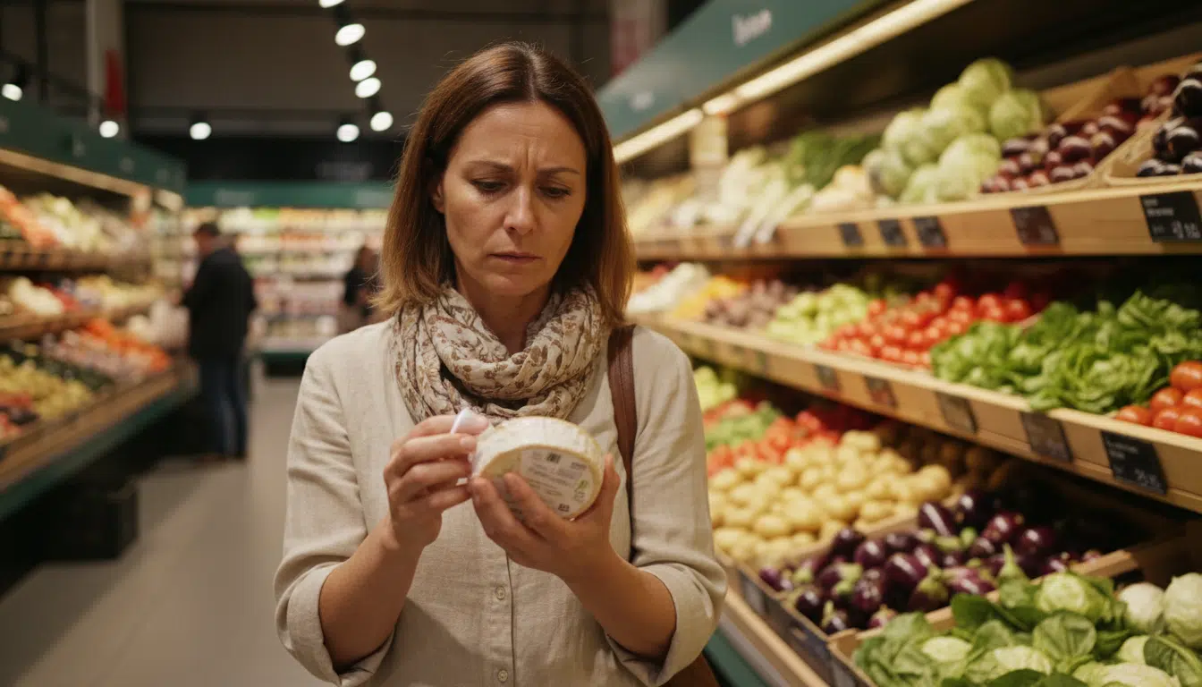 Femme vérifiant l'étiquette d'un fromage en magasin