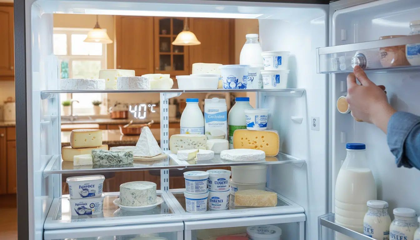 Thermomètre dans un réfrigérateur ouvert avec fromages