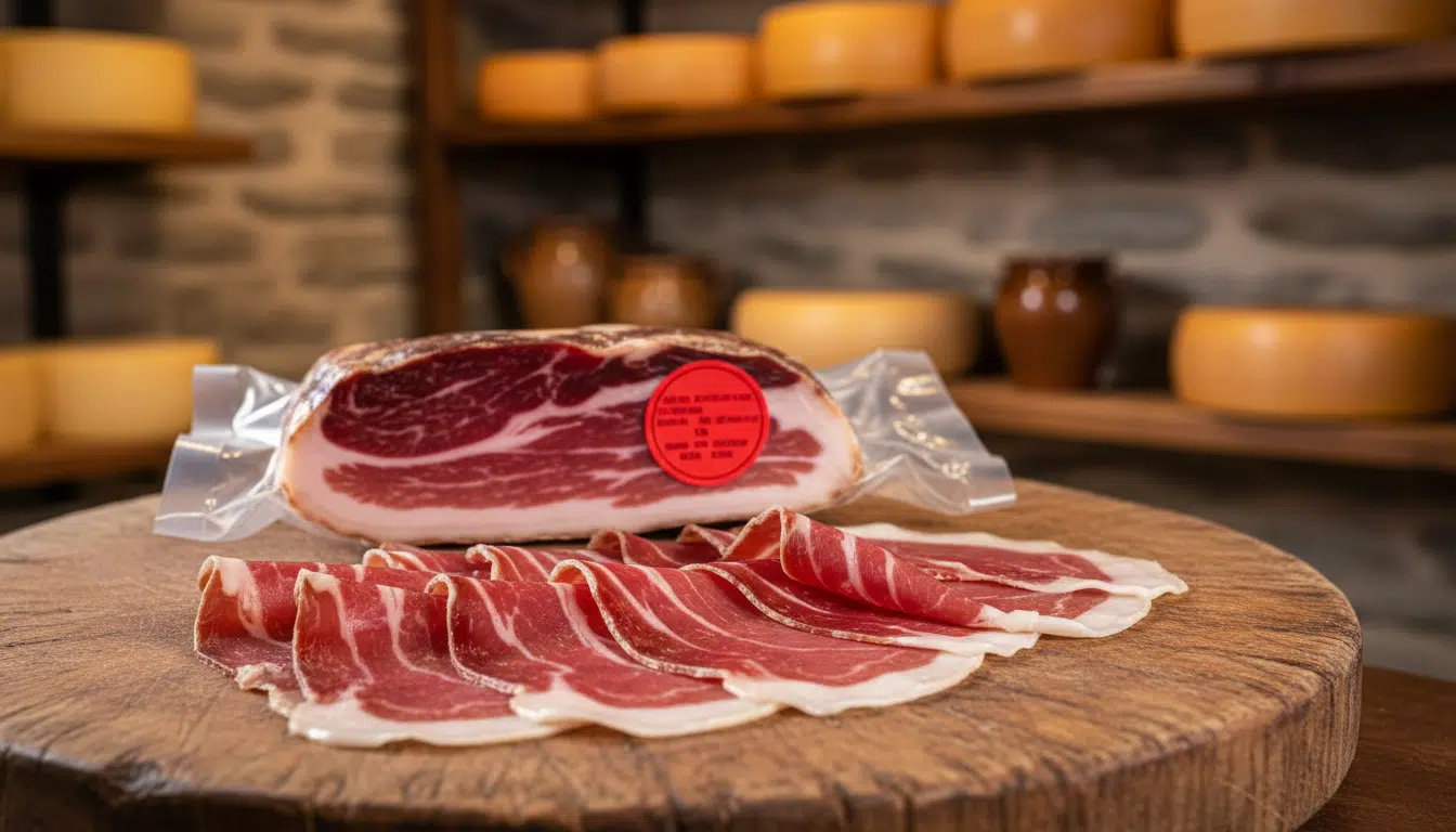Jambon cru artisanal en tranches sur planche en bois