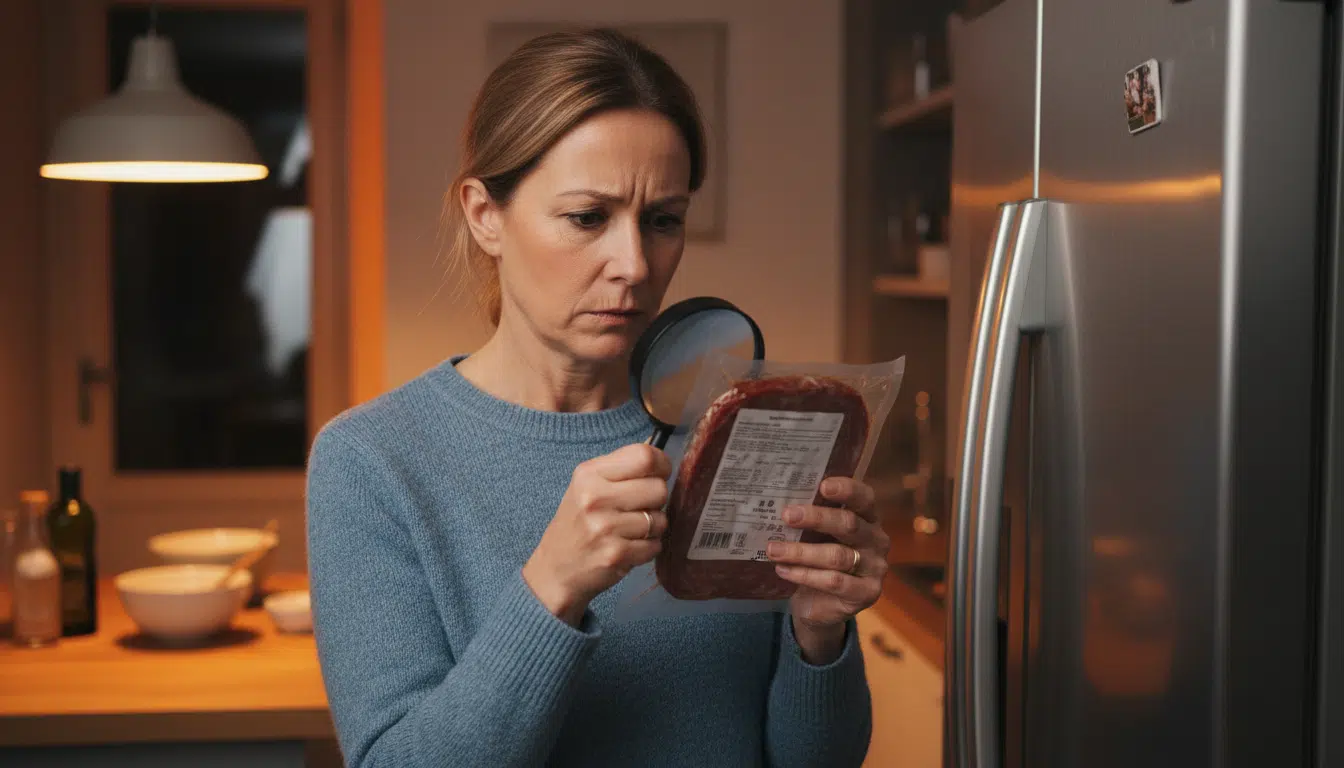 Femme vérifiant l'étiquette d'un produit alimentaire rappelé