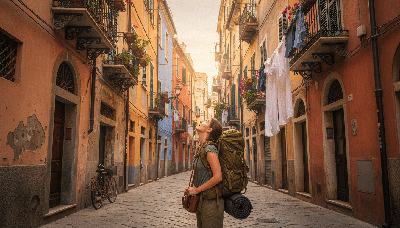 Voyageur avec sac à dos dans une rue italienne colorée