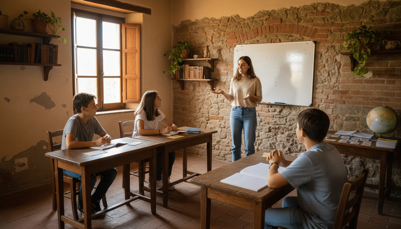 Bénévole enseignant l'anglais dans une salle de classe en Italie