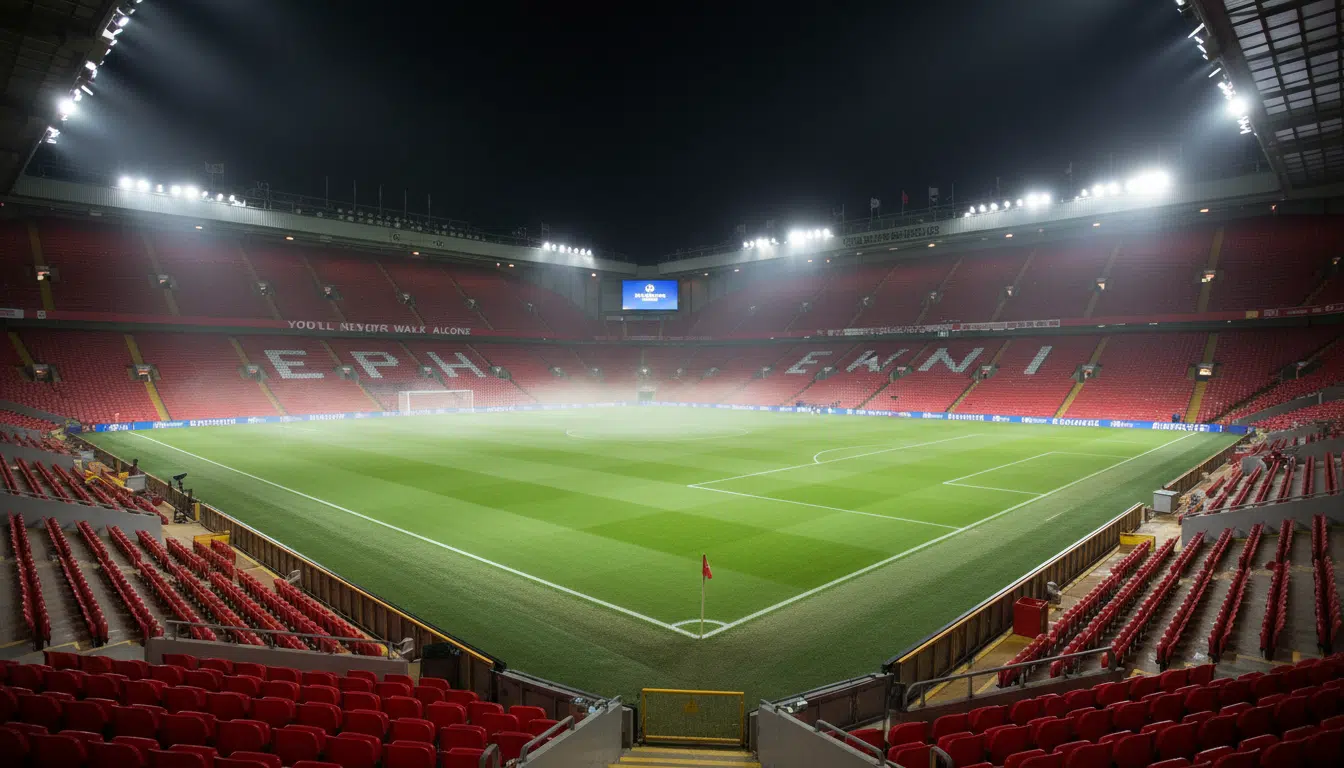 Vue intérieure du stade Anfield à Liverpool lors d'une nuit de Ligue des champions, pelouse verte sous les projecteurs