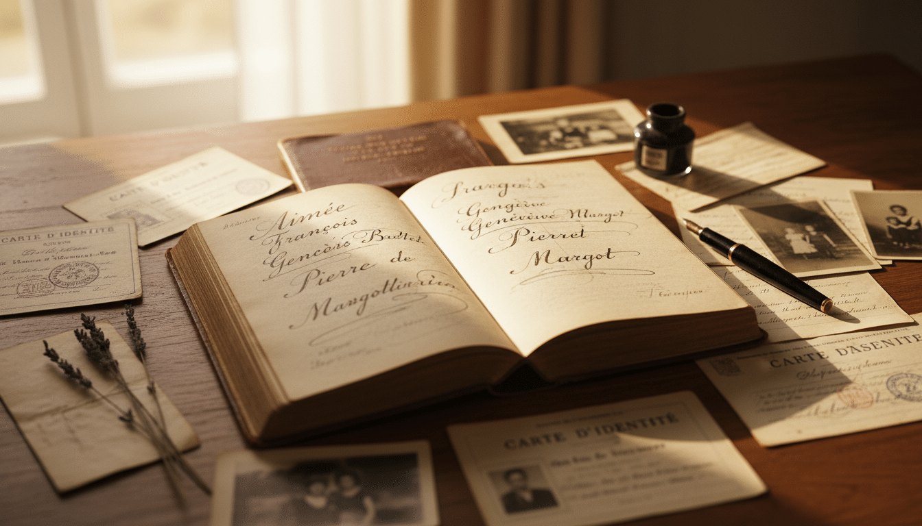 Livre de prénoms français vintage avec documents anciens