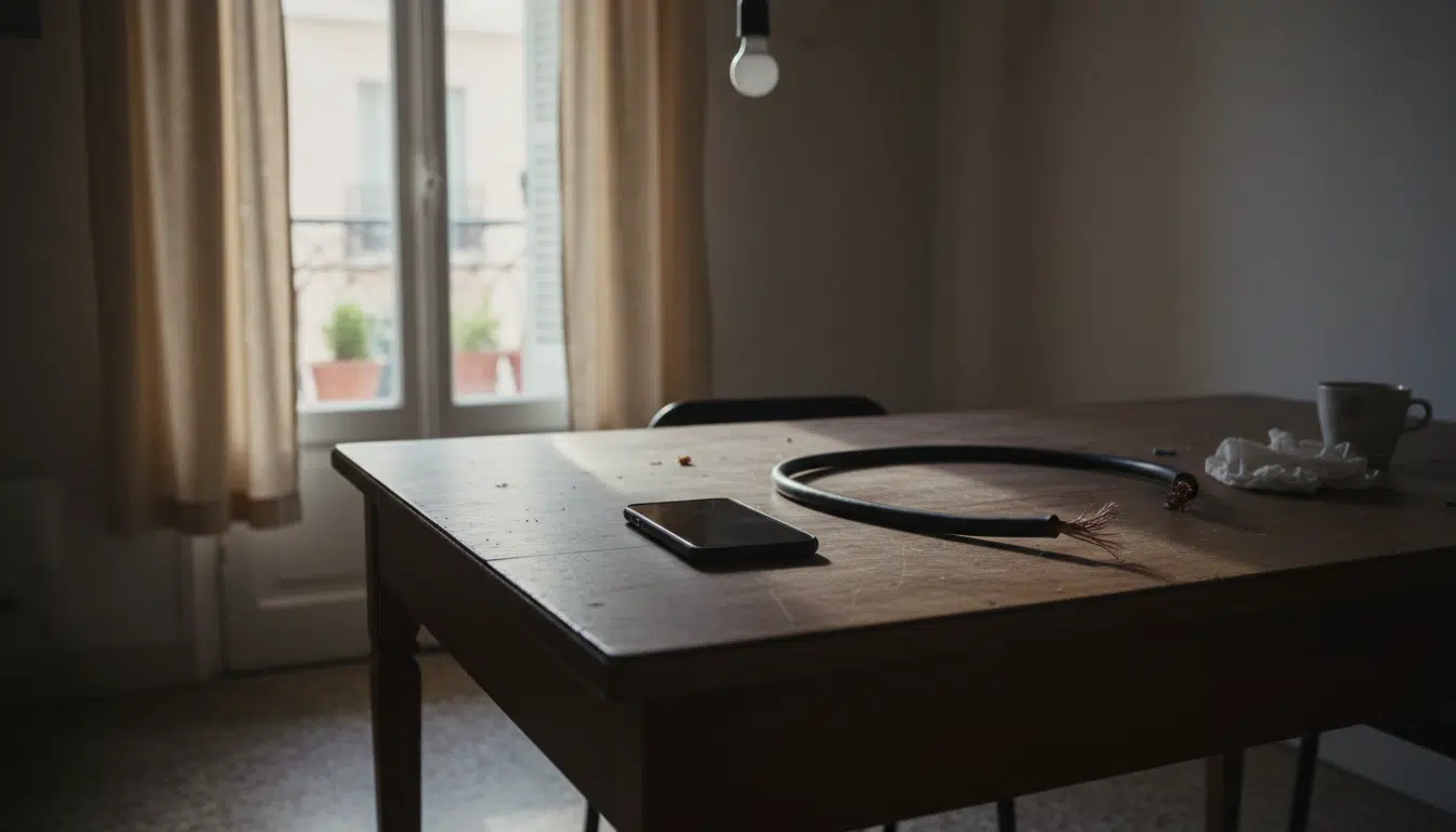 Un smartphone sur une table de cuisine dans un studio, câble sectionné visible à proximité, ambiance sombre et inquiétante