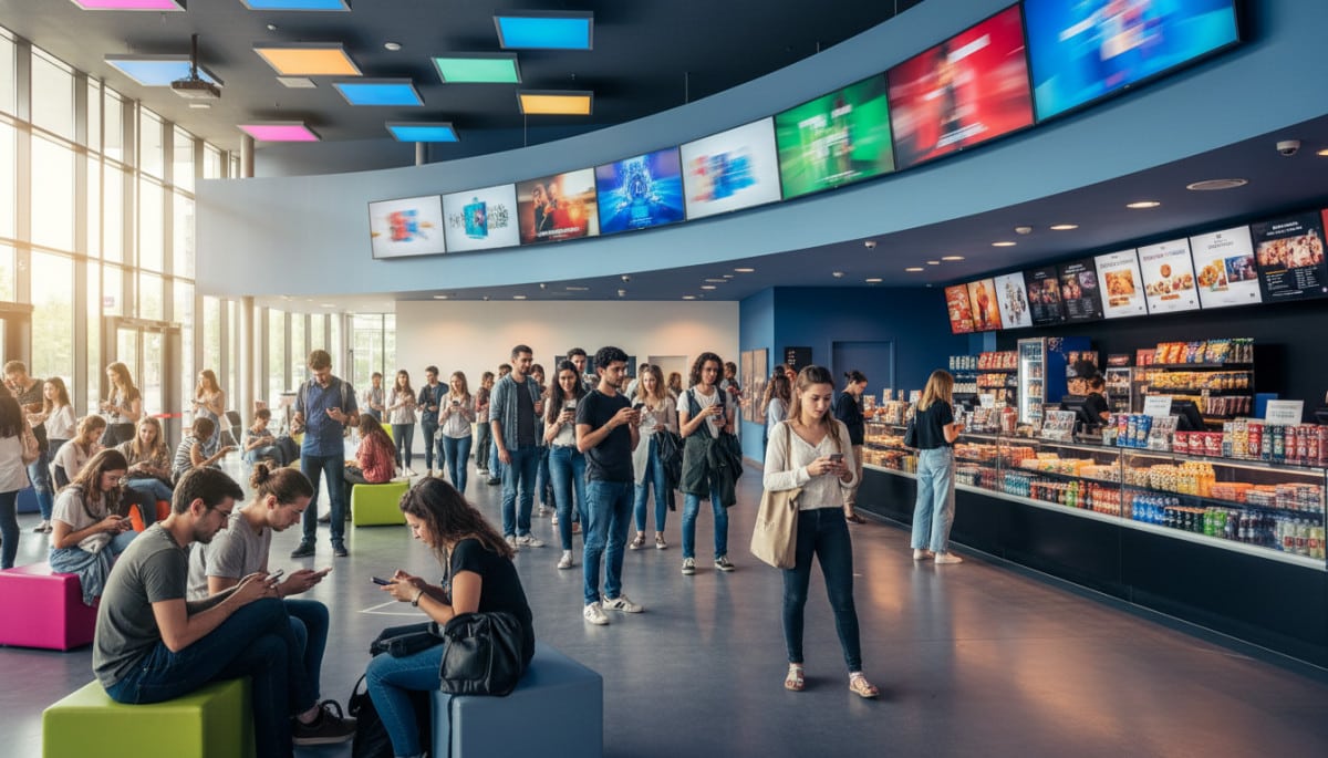 Lobby moderne d'un multiplexe, écrans numériques et public.