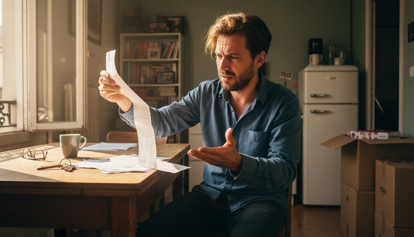 locataire stressé lisant une facture de réparations
