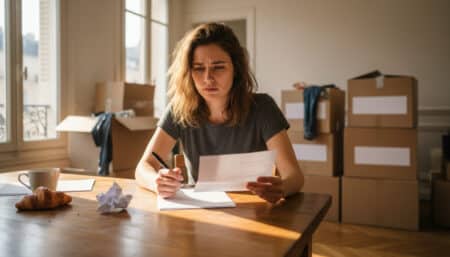 Locataire stressée écrivant une lettre de préavis