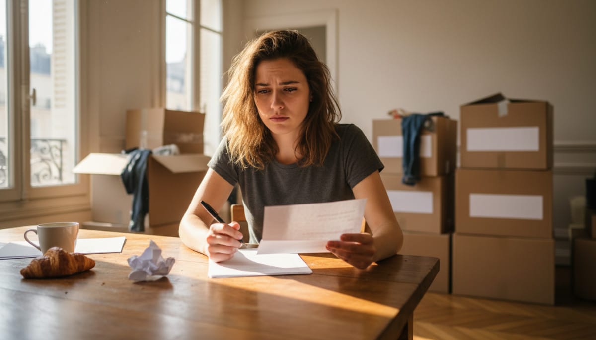 Locataire stressée écrivant une lettre de préavis