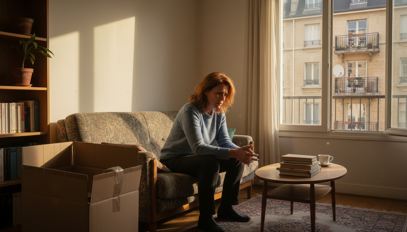 Femme inquiète dans un petit appartement familial