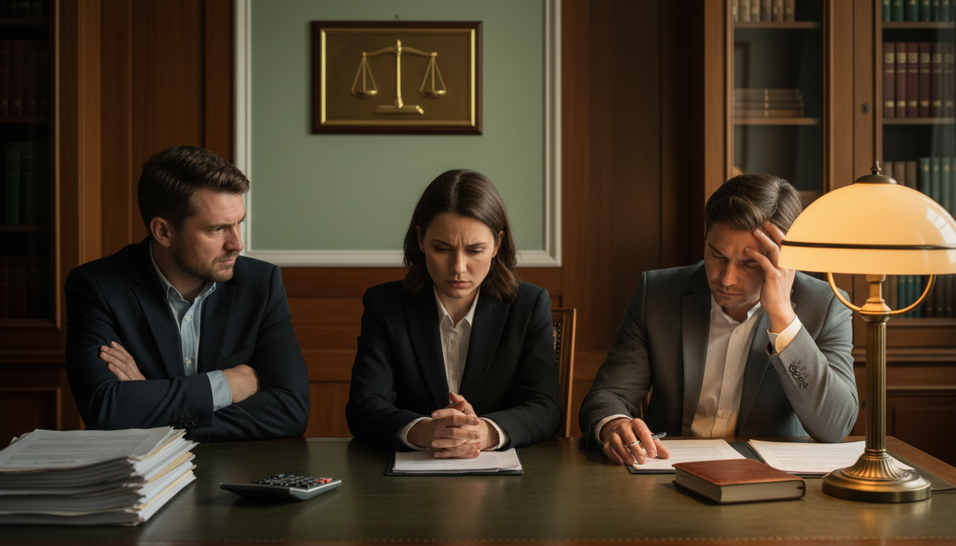 Fratrie tendue autour d'un bureau de notaire