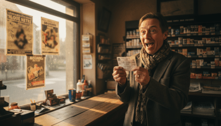 Joueur tenant un ticket de Loto dans un bureau de tabac normand