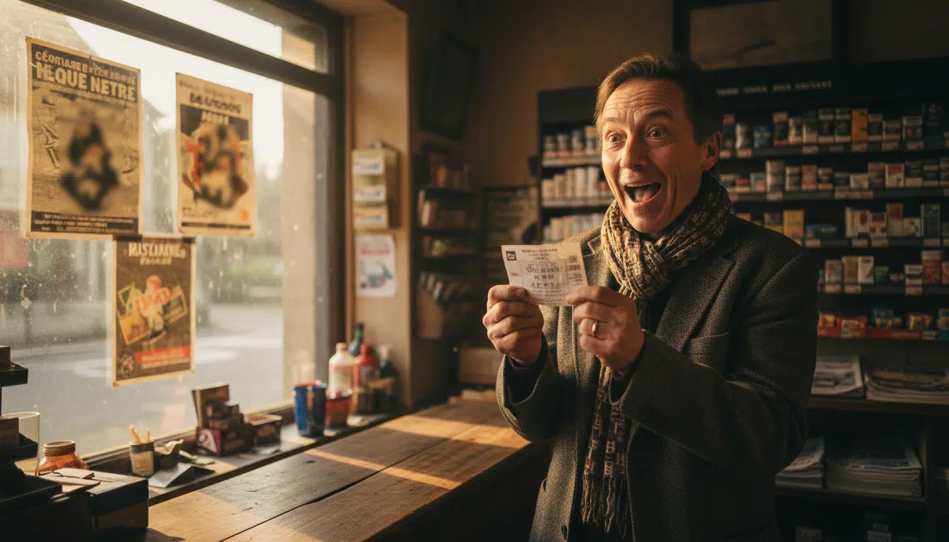 Joueur tenant un ticket de Loto dans un bureau de tabac normand