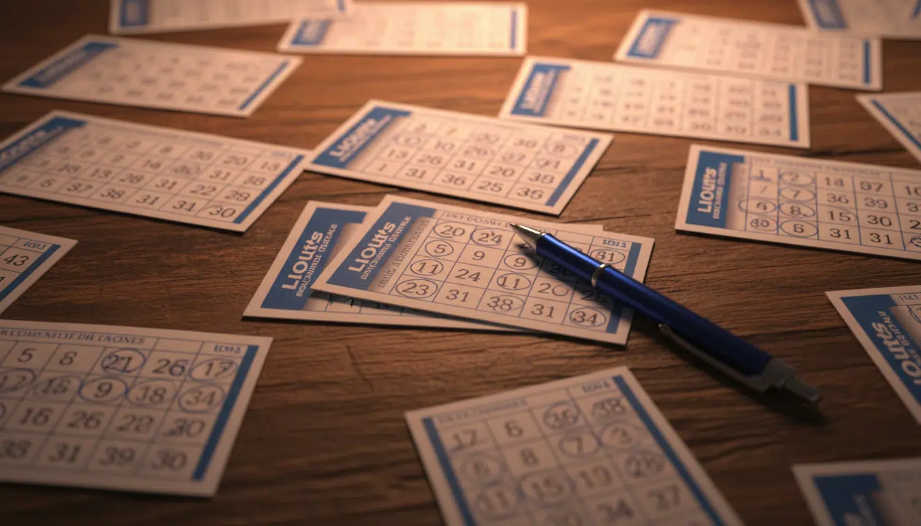 Grilles de Loto étalées sur une table avec numéros bas cochés
