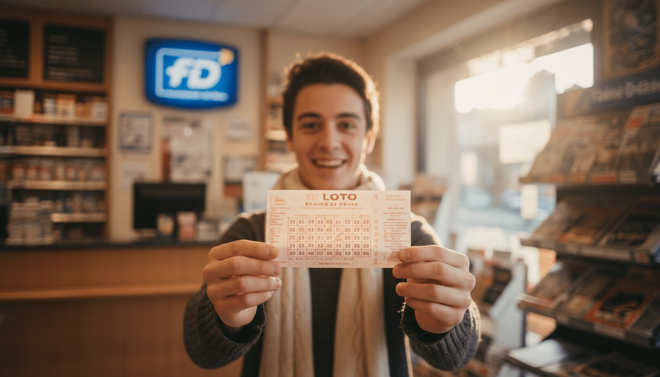 Joueur tenant un ticket Loto devant un point de vente FDJ