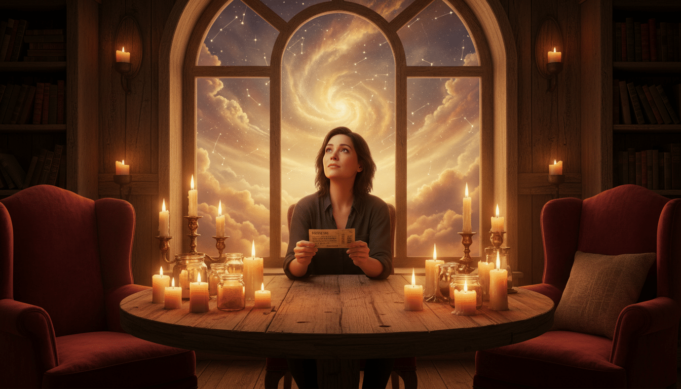 Personne tenant un ticket de Loto sous un ciel étoilé