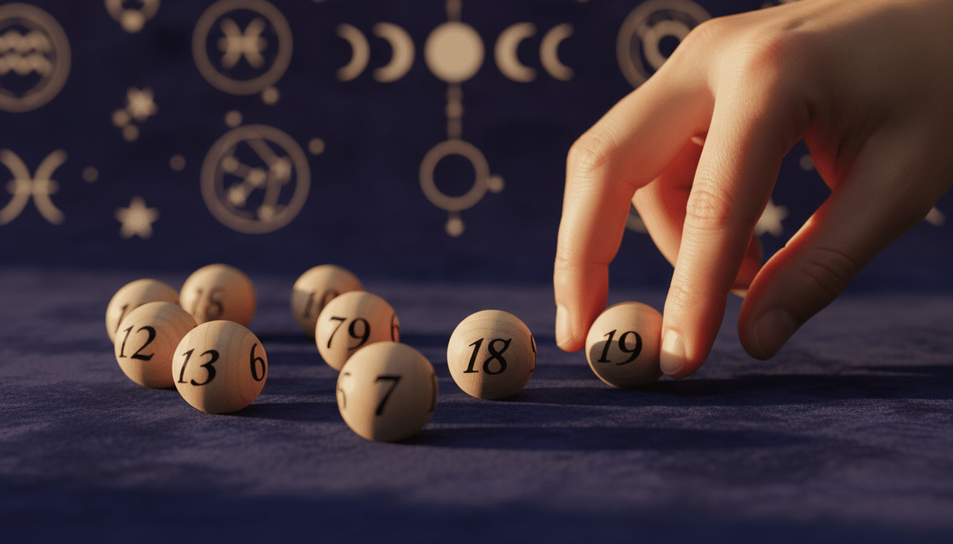 Boules de Loto numérotées posées sur un tissu doré