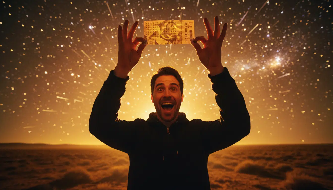 Personne tenant un ticket de loto sous un ciel étoilé