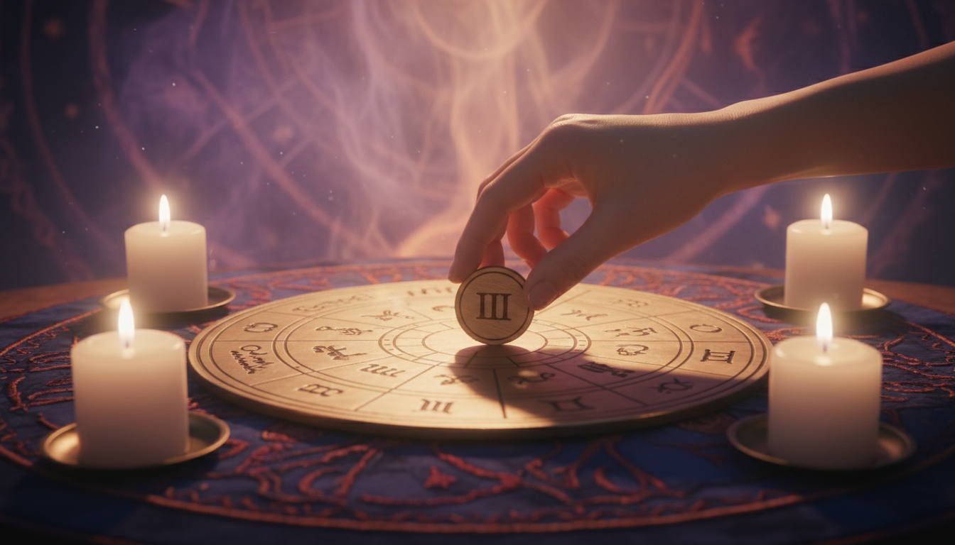 Main plaçant des numéros sur une roue du zodiaque éclairée