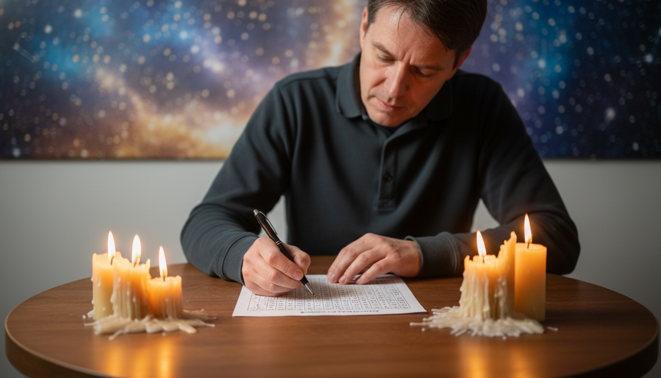 Personne remplissant une grille de loto à la lueur de bougies