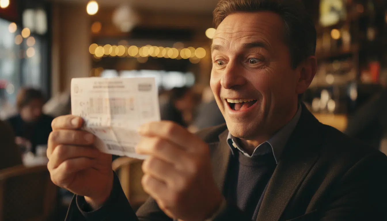 Homme souriant tenant un ticket de Loto FDJ