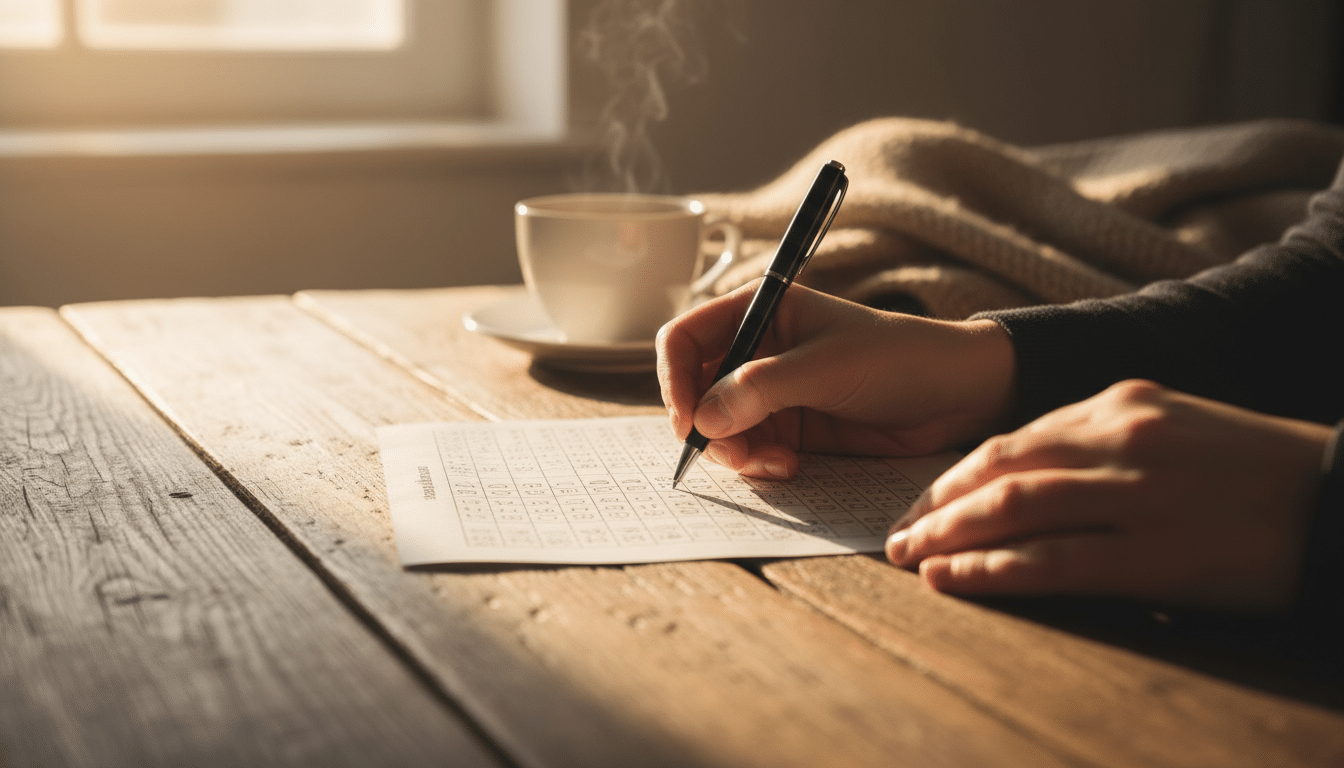 Mains remplissant une grille de Loto