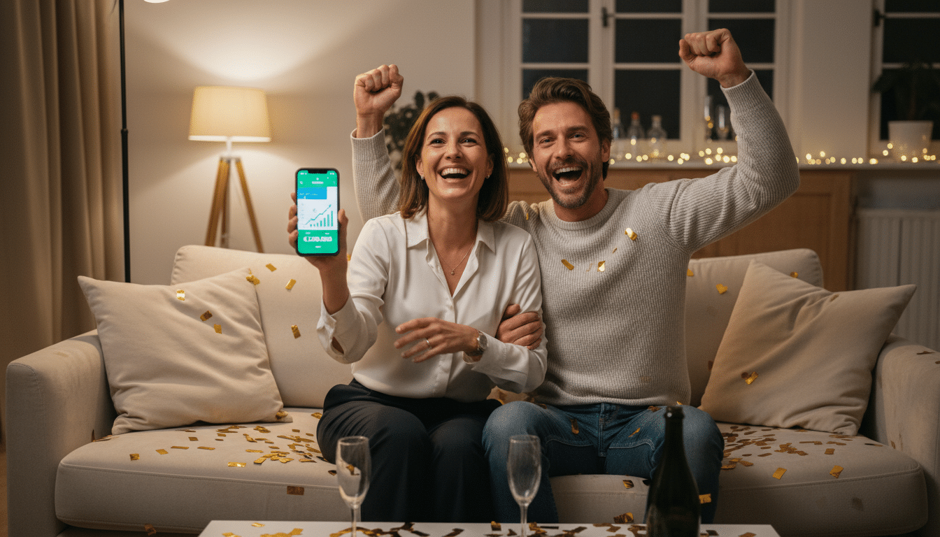 Couple célébrant un gain à la loterie