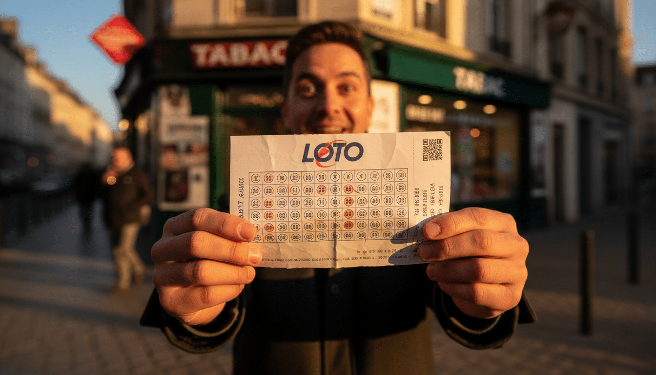 Ticket de Loto tenu devant un bureau de tabac