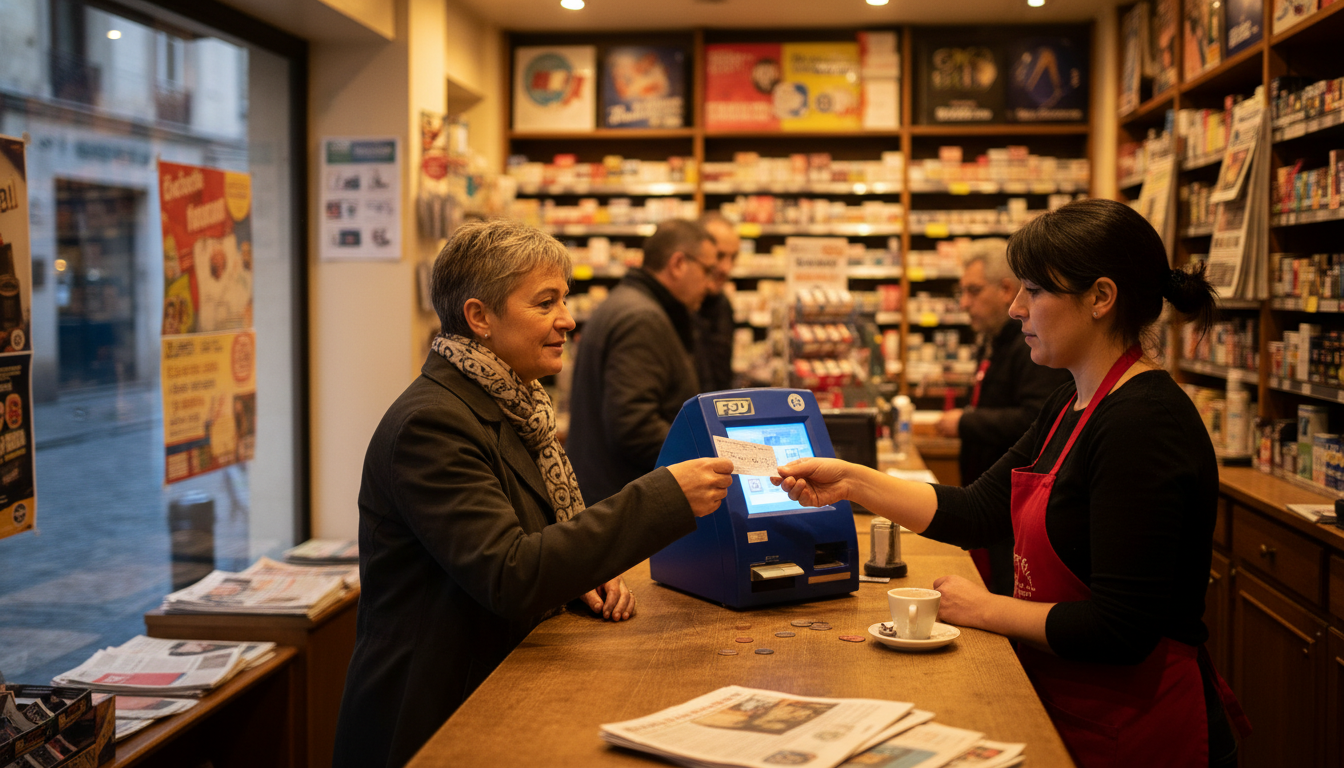 Comptoir d'un bureau de tabac FDJ avec un joueur
