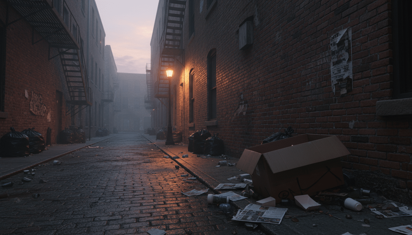 Ruelle sombre de Louisville avec carton et débris