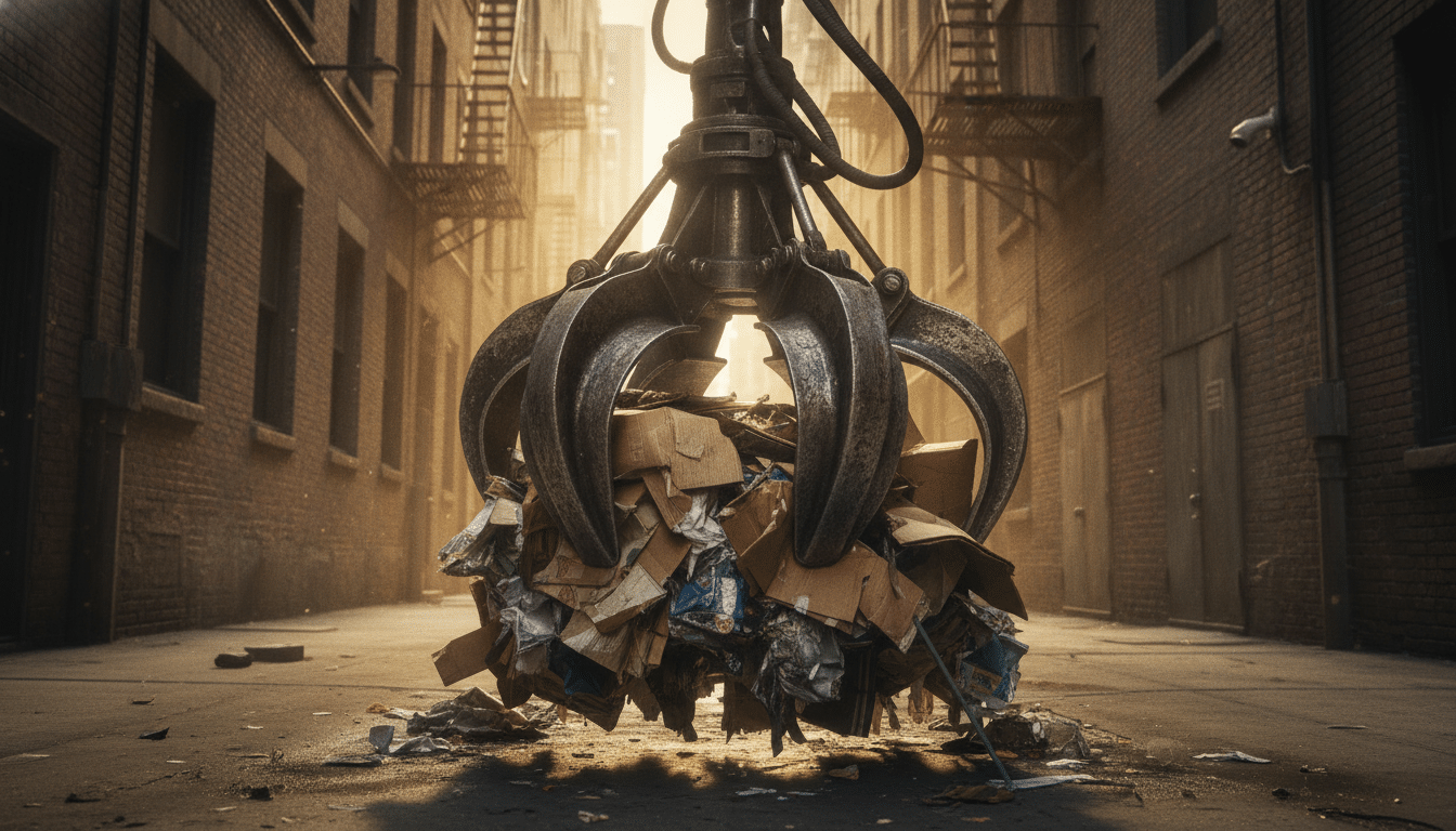 Grappin hydraulique d'un camion-poubelle soulevant des débris