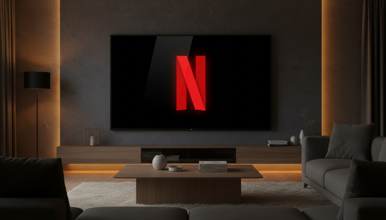 Écran de télévision affichant le logo Netflix dans un salon sombre