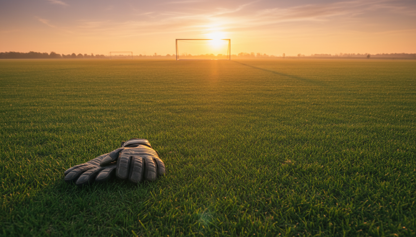 Terrain d'entraînement de football vide au coucher de soleil avec des gants de gardien posés au sol