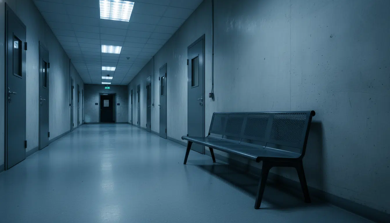 Couloir de commissariat austère la nuit, éclairage fluorescent et banc métallique, évoquant les 30 heures de garde à vue de Lucie Bernardoni