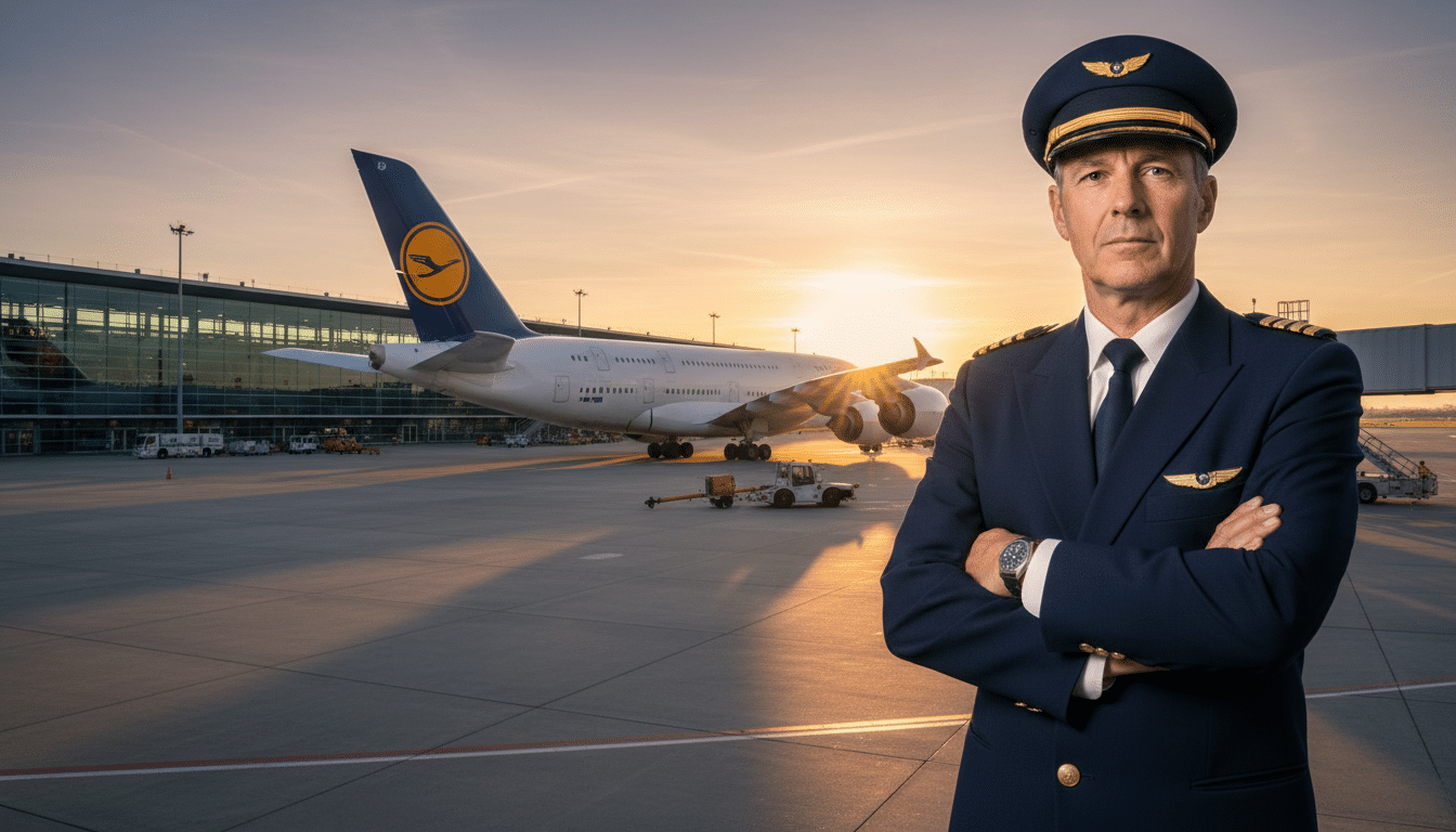 Pilote Lufthansa devant un avion cloué au sol